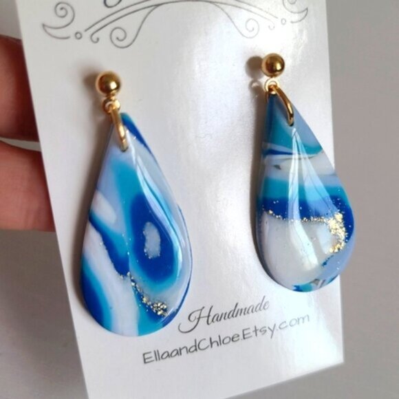 HandCrafted Gold Blue White Agate Gemstone Resin Large Tear Drop Dangle Earrings - Picture 3 of 8